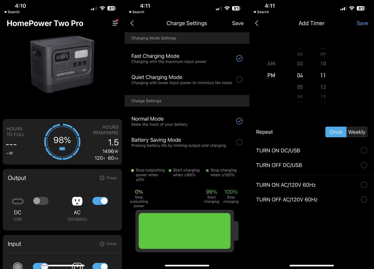 स्क्रीनशॉट अपने HomePower Pro पावर स्टेशनों के लिए Geneverse के iOS ऐप में सुविधाएँ दिखाते हैं।
