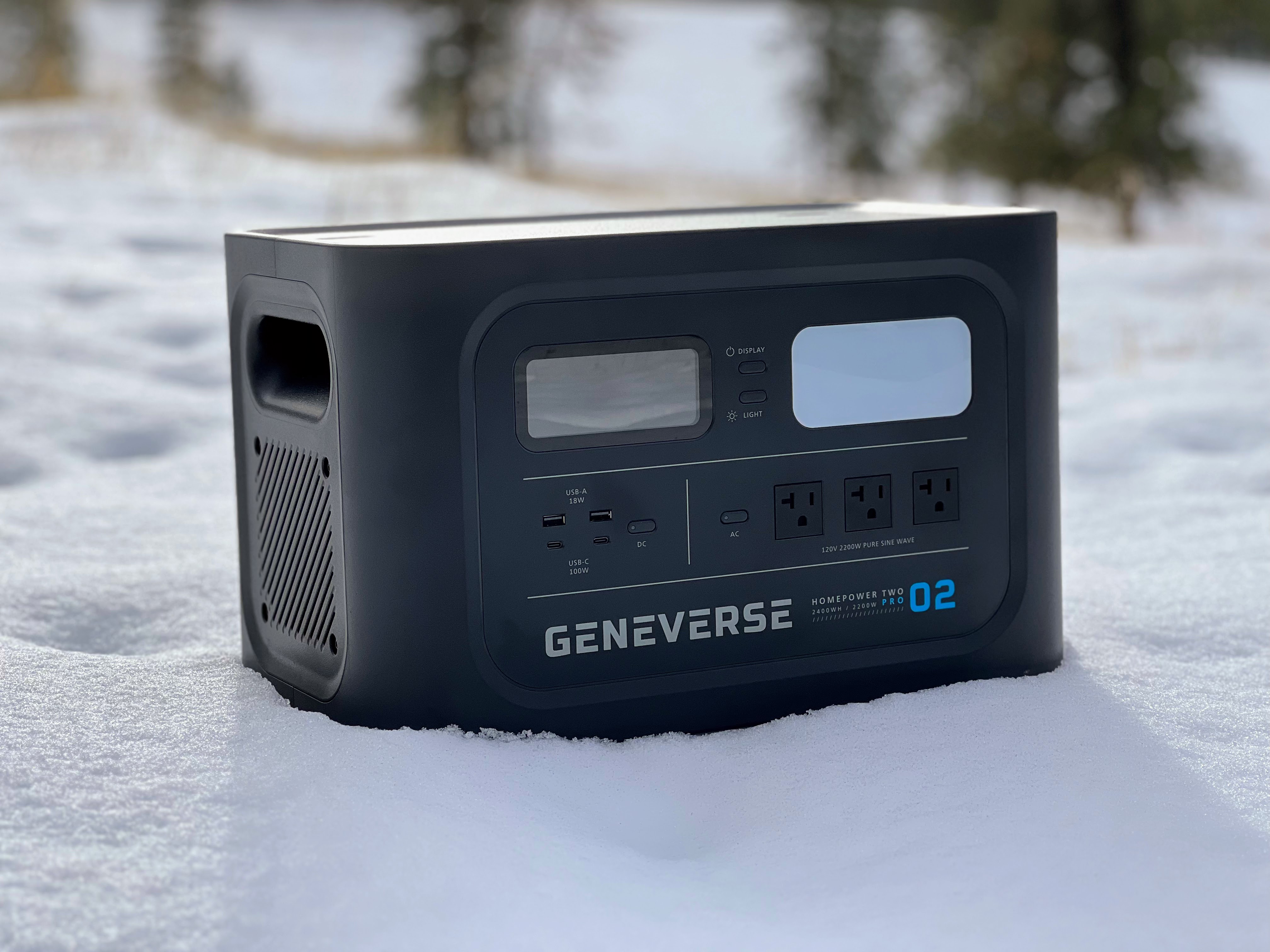 A Geneverse HomePower Two Pro power station is plopped down in the snow.