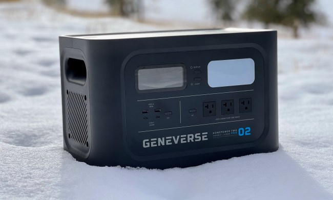 A Geneverse HomePower Two Pro power station is plopped down in the snow.