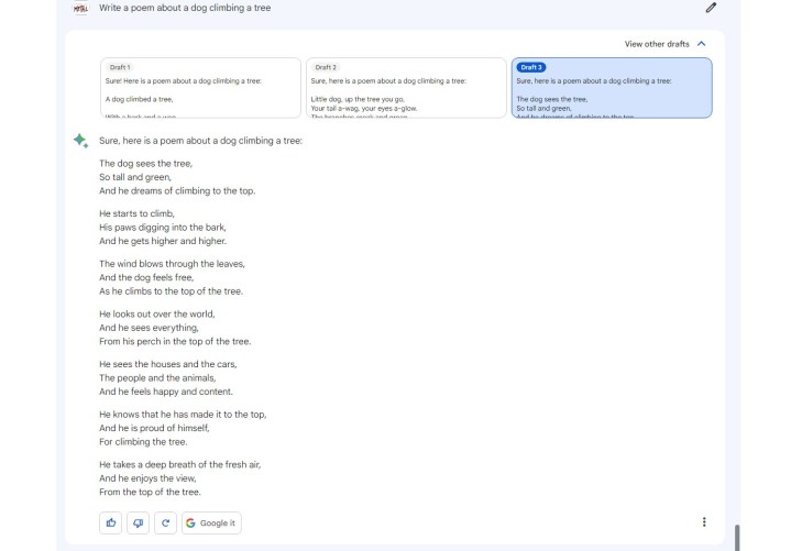 Google Bard writing a poem about a dog climbing a tree.