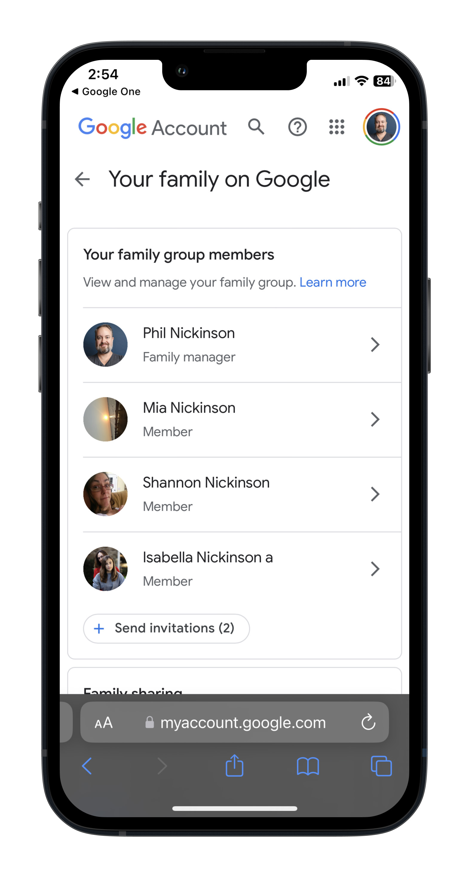 تنظیمات Google Family Members در iPhone.