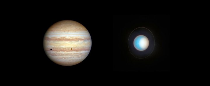 Júpiter y Urano (no a escala). 