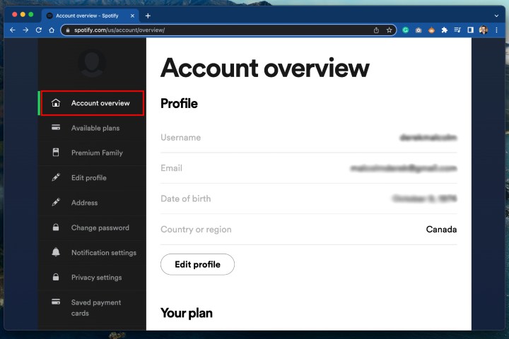 How to cancel Spotify Premium – Account overview page.