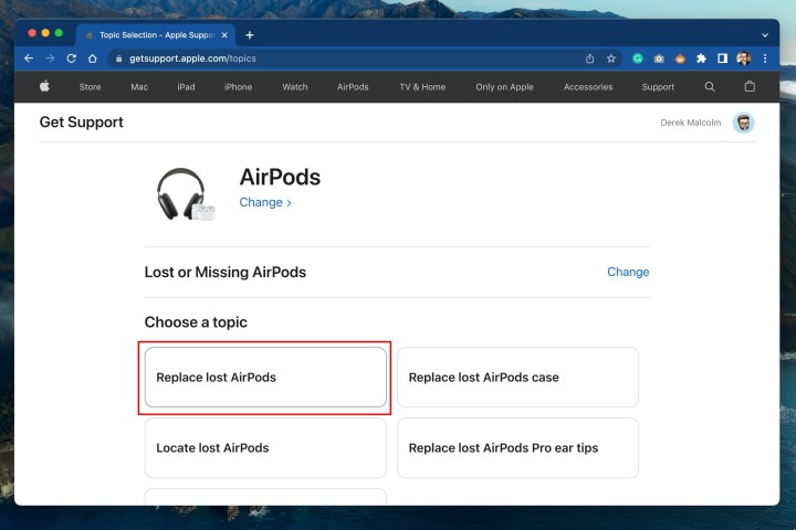 Steps for how to replace lost or missing AirPods -- choose what you want to replace.