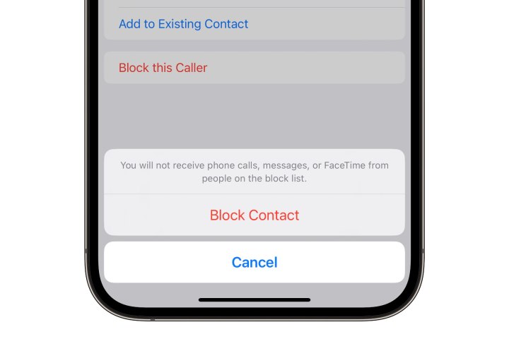 Block Contact confirmation in iPhone Messages app.