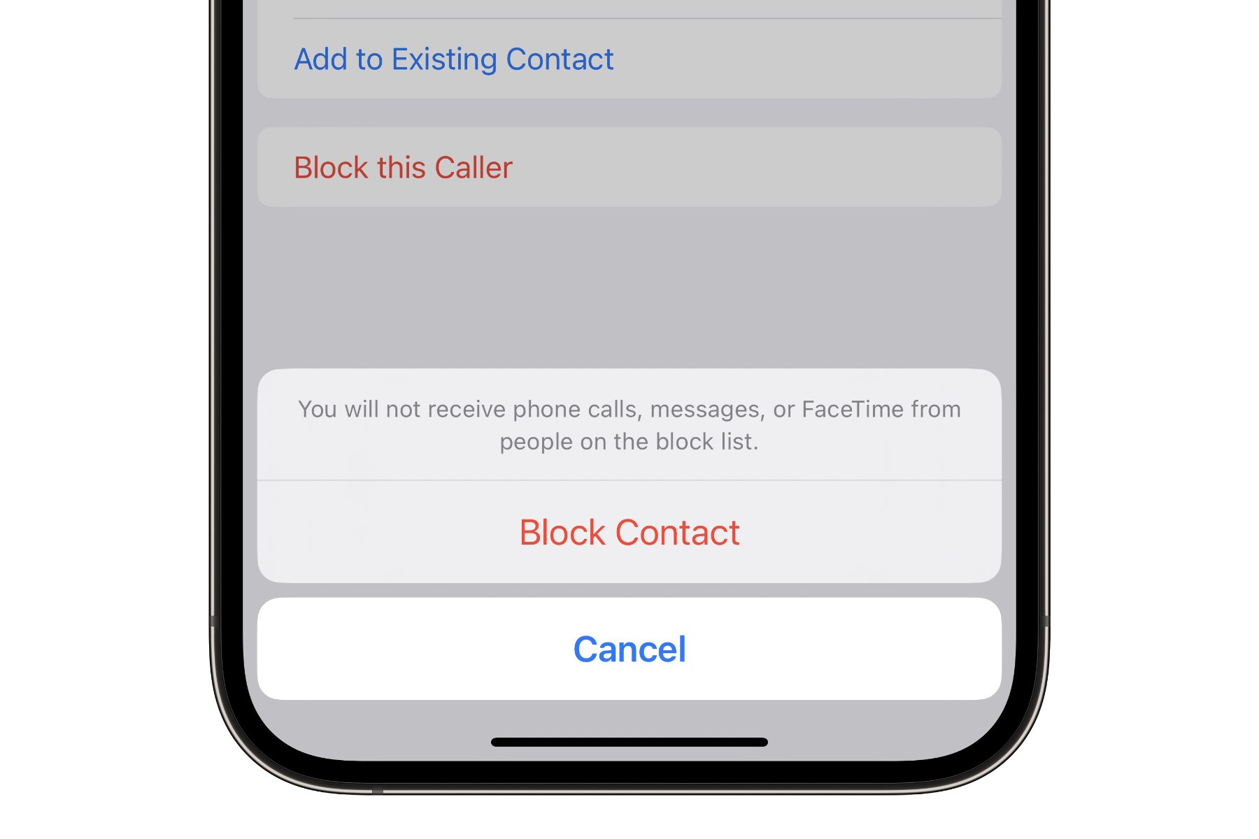 Block Contact confirmation in iPhone Messages app.