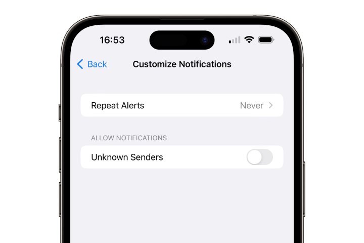 iPhone showing option to disable message notifications for unknown senders.