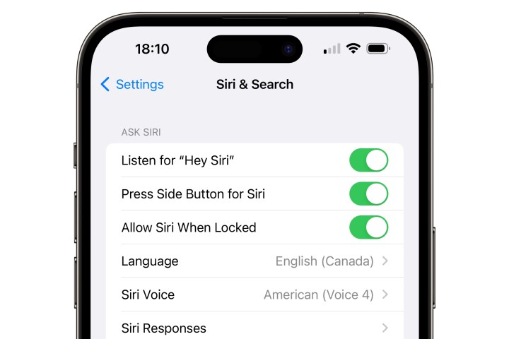 iPhone 14 Pro Max showing options for toggling off Siri.