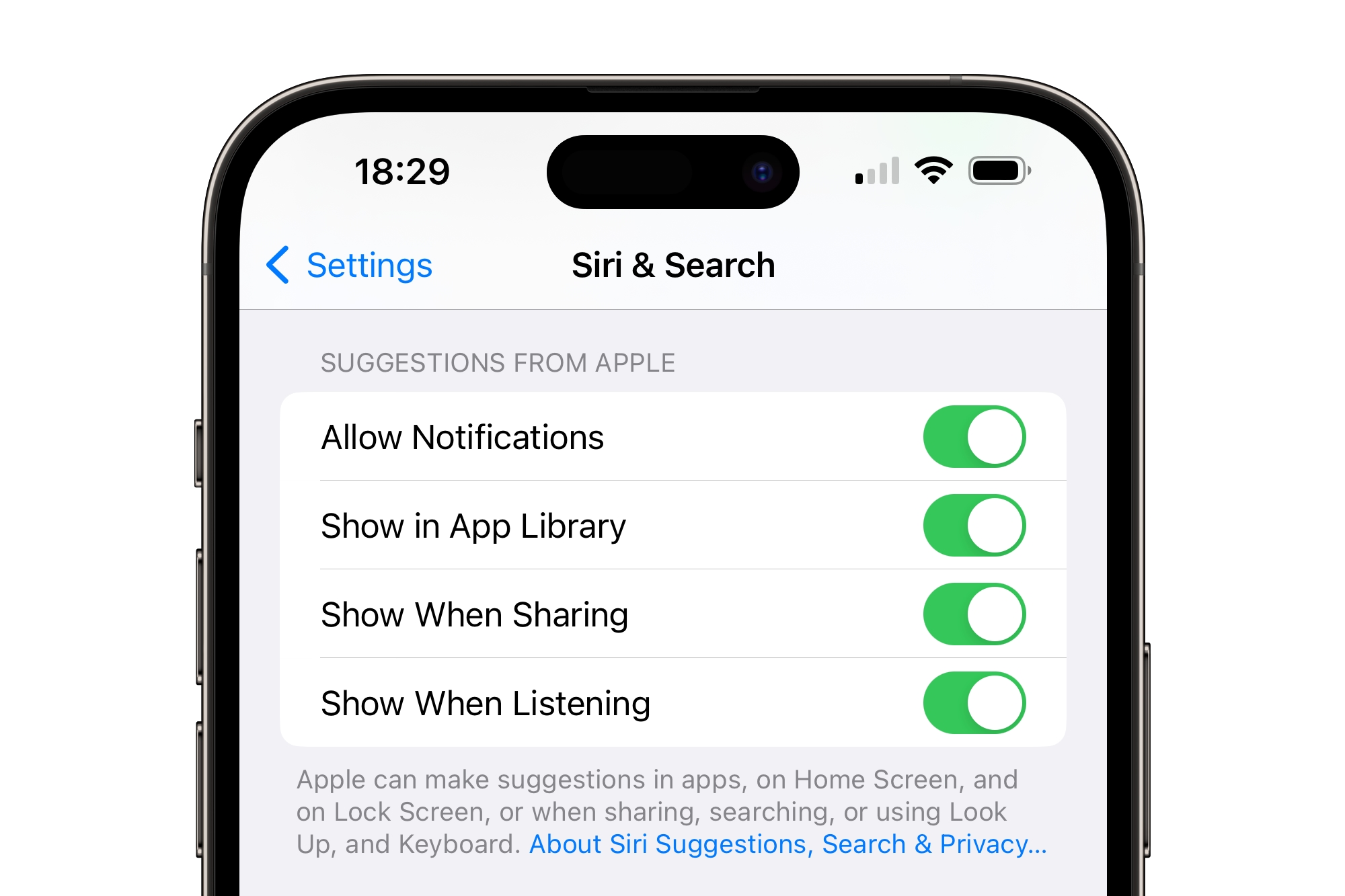 iPhone 14 Pro Max mostrando opções de Siri e Pesquisa para Sugestões da Apple.