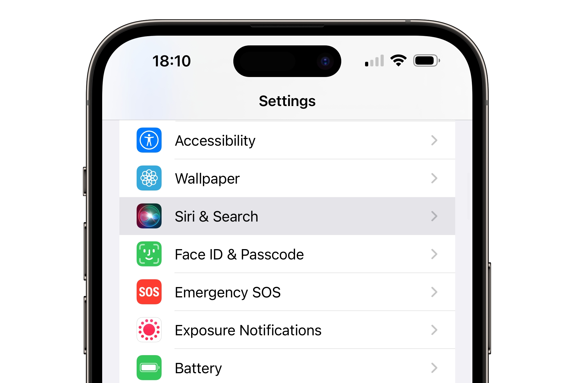 iPhone 14 Pro Max mostrando o menu Siri e Pesquisar.