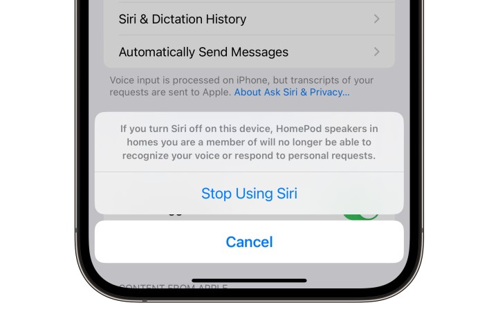 iPhone 14 Pro Max показывает запрос на прекращение использования Siri.