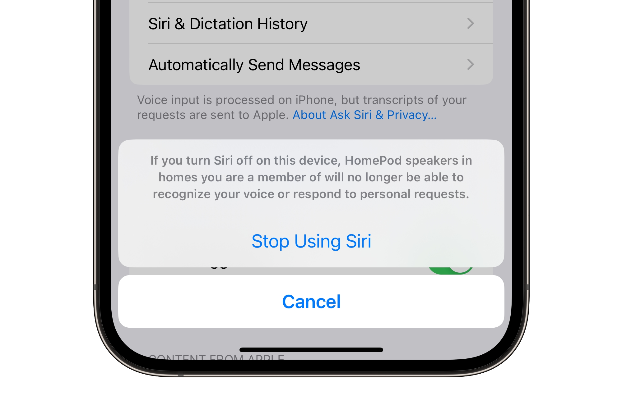 iPhone 14 Pro Max mostrando prompt para parar de usar a Siri.