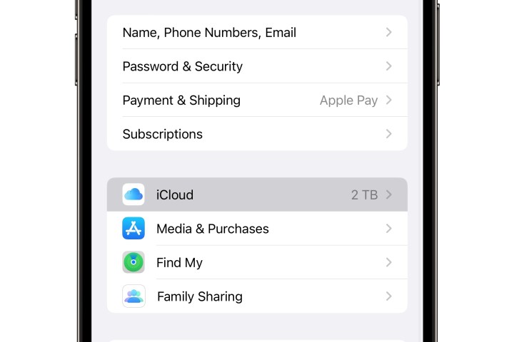 iPhone 14 Pro Max showing iCloud menu.