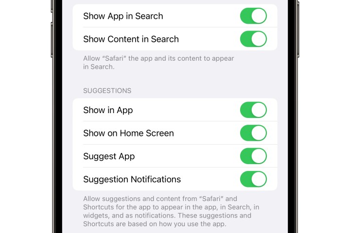 iPhone 14 Pro Max showing app settings for Siri search.