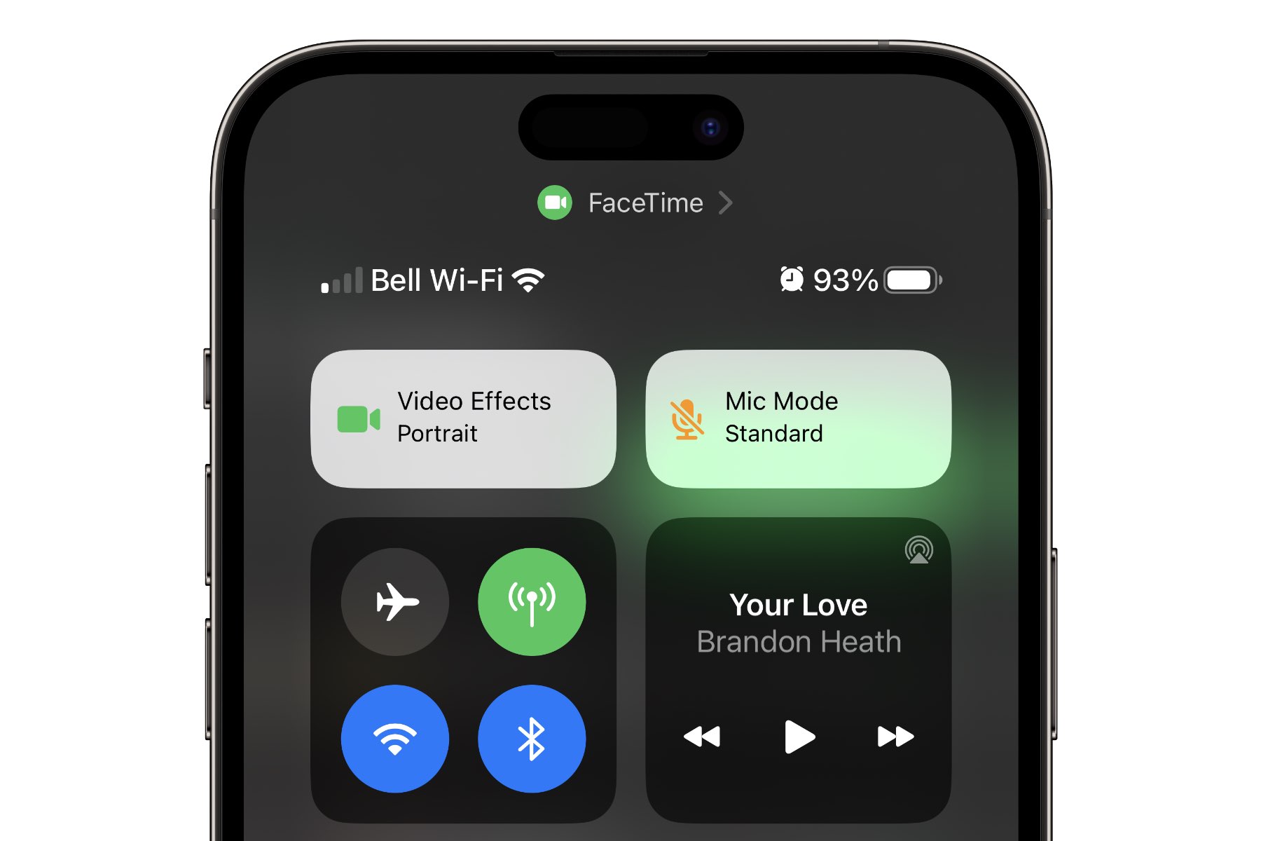 Control Center with Video Effect and Mic Mode settings on iPhone 14 Pro Max.