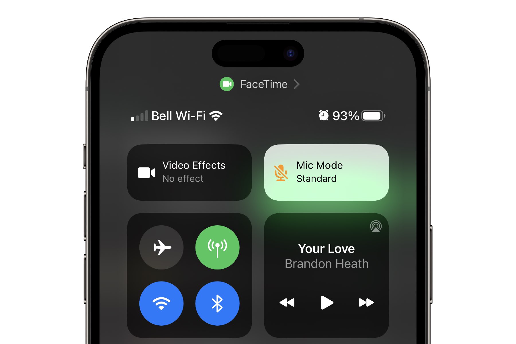 Control Center with Video Effect and Mic Mode settings on iPhone 14 Pro Max.
