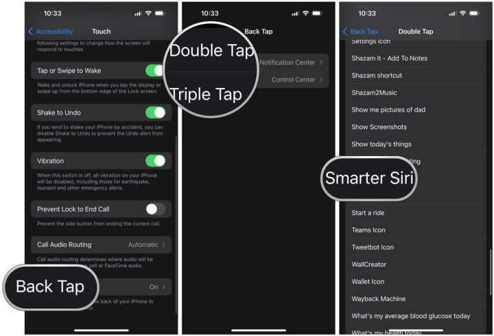 Back Tap را انتخاب کنید، Double یا Triple tap را انتخاب کنید، برای دیدن Shortcut ها اسکرول کنید و میانبر ChatGPT خود را انتخاب کنید.