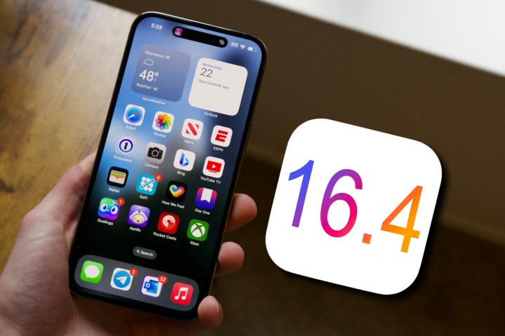 iPhone 14 Pro Max with an iOS 16.4 icon next to it.