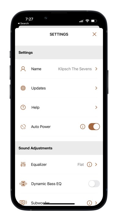 Impostazioni degli altoparlanti dell'app Klipsch Connect.