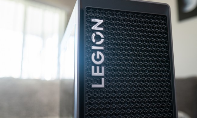 The Legion logo on the front of a desktop case.