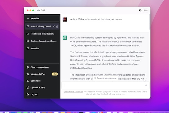 برنامه MacGPT برای macOS Monterey و Ventura. 