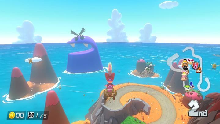Birdo navega por el cielo en el campo Yoshi's Island de Mario Kart 8 Deluxe.