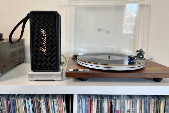 The Marshall Middleton Bluetooth speaker hooked up to a turntable.