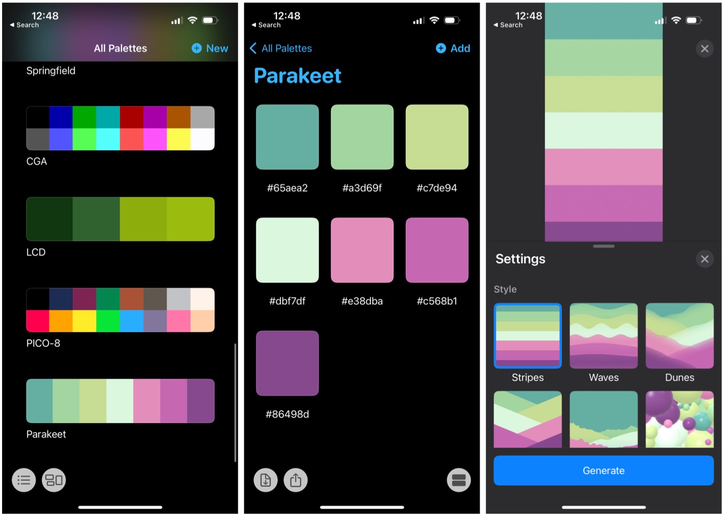 Screenshots of the Pastel app on iOS