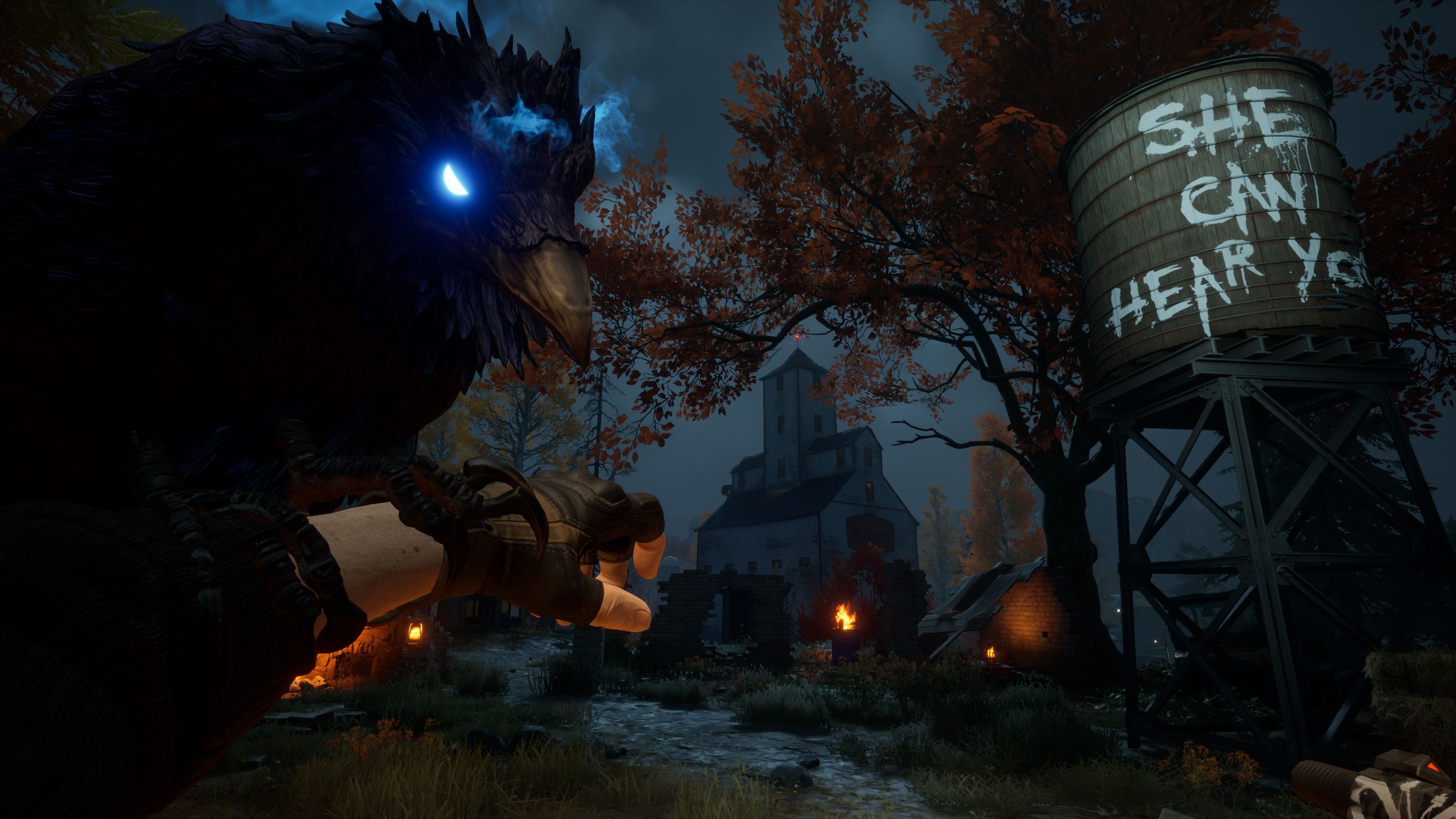 A raven perches on a human hand in Redfall.