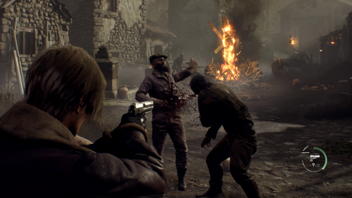Leon S. Kennedy shoots villagers in the Resident Evil 4 remake.