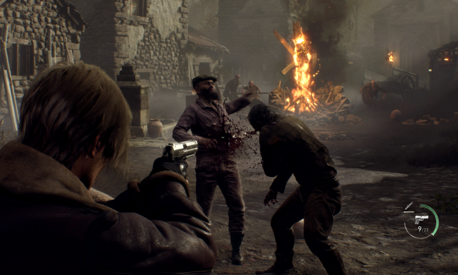 Leon S. Kennedy shoots villagers in the Resident Evil 4 remake.