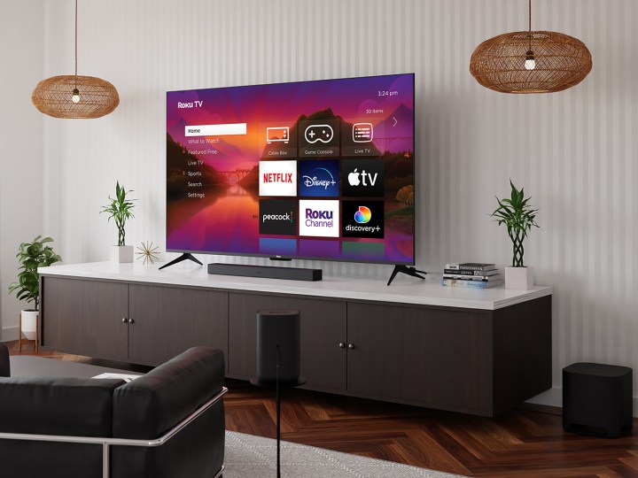 Televisão Roku Plus Series em um ambiente de sala de estar. 