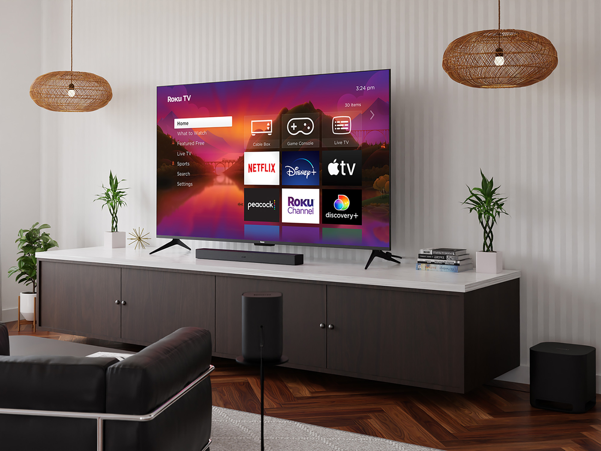 Televisão Roku Plus Series em um ambiente de sala de estar. 