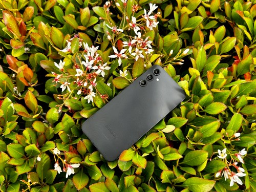 Samsung Galaxy A14 5G in a bush showing off the back of phone