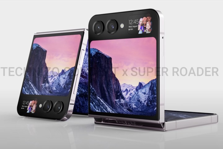 Rendering del Galaxy Z Flip 5 con due schermi di copertura.