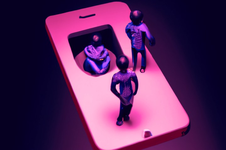 Ilustración de personas de pie en la pantalla de un teléfono