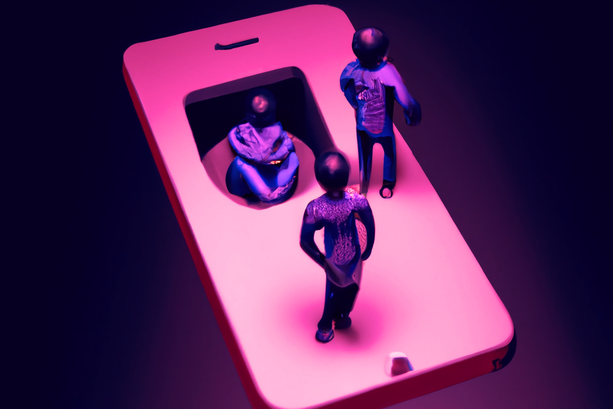 Ilustração de pessoas em pé na tela de um telefone