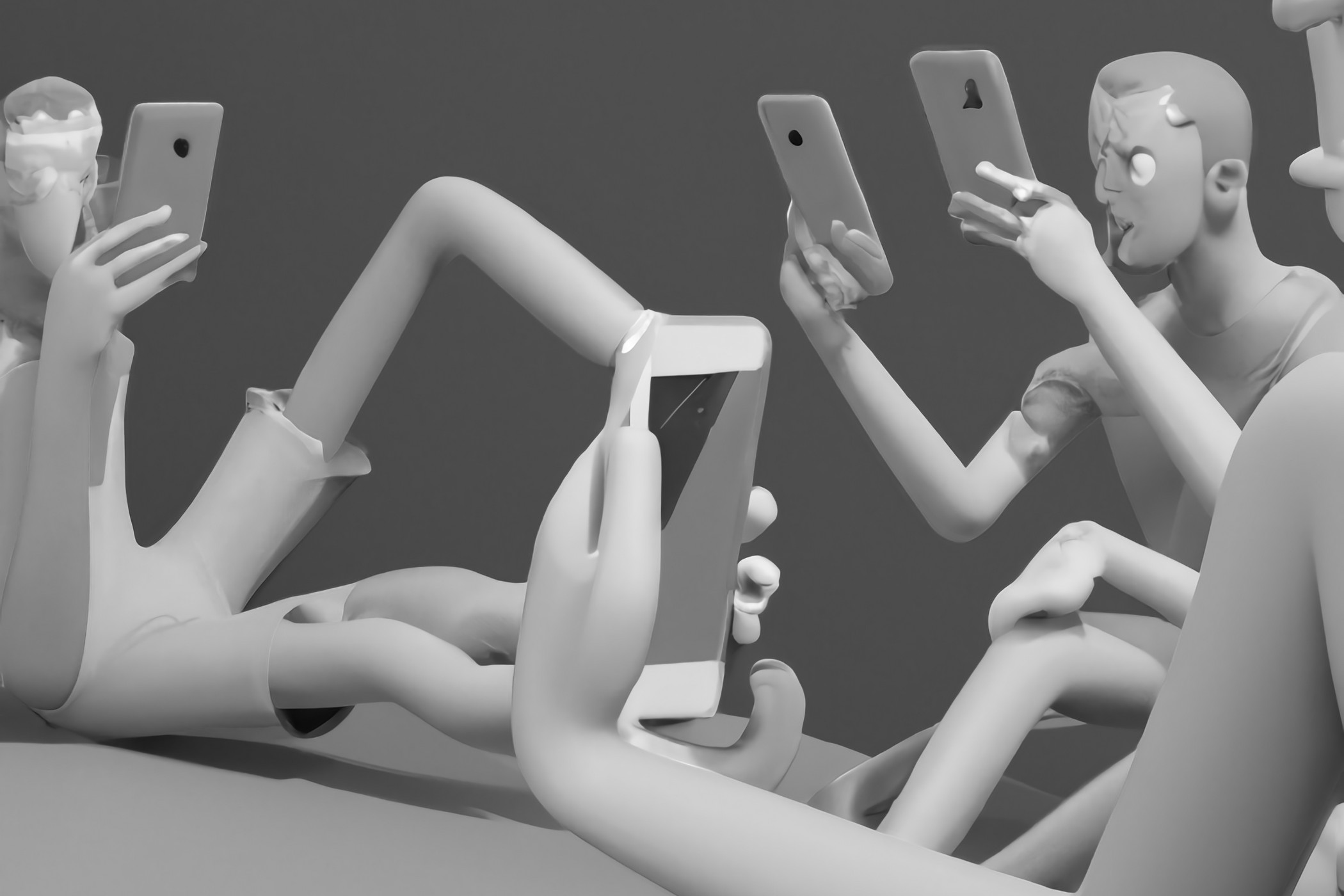 Uma imagem em preto e branco de personagens de desenhos animados olhando para seus telefones.