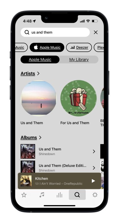 Aplicativo Sonos no iOS mostrando os novos resultados de pesquisa no Apple Music.