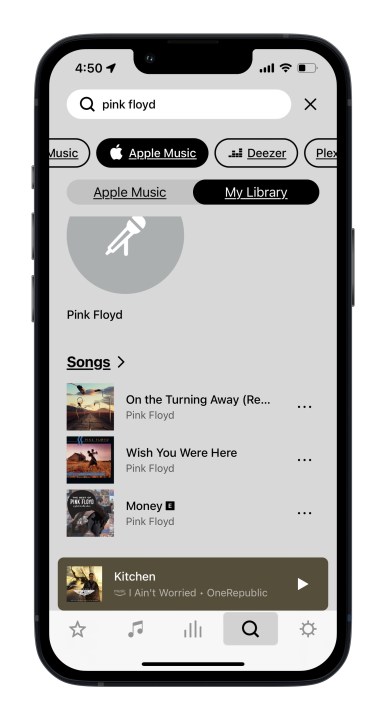 Aplicativo Sonos no iOS mostrando os novos resultados de pesquisa na Minha Biblioteca do Apple Music.
