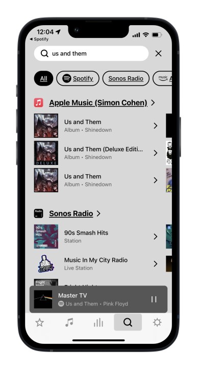 Aplicativo Sonos no iOS mostrando os novos resultados da pesquisa.