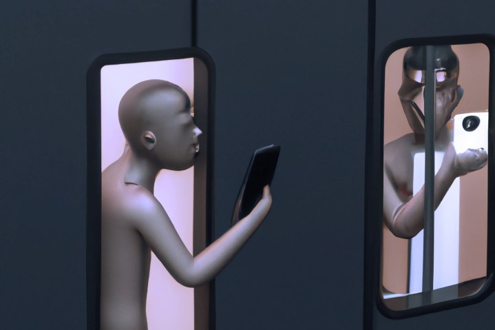Illustrazione di una persona che spruzza su un'altra persona usando un telefono