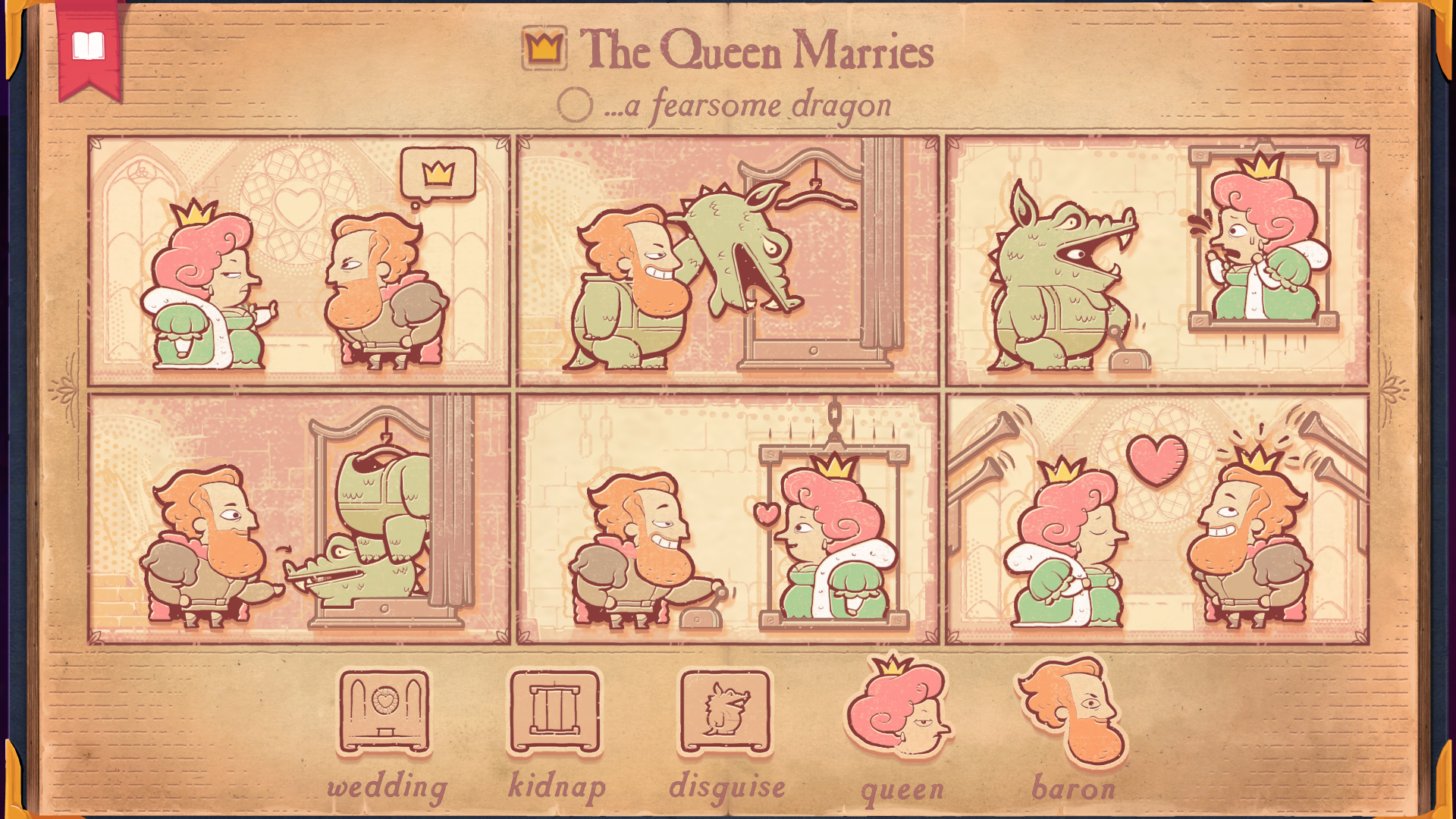A Srtoryteller puzzle shows a Queen marrying a Baron.