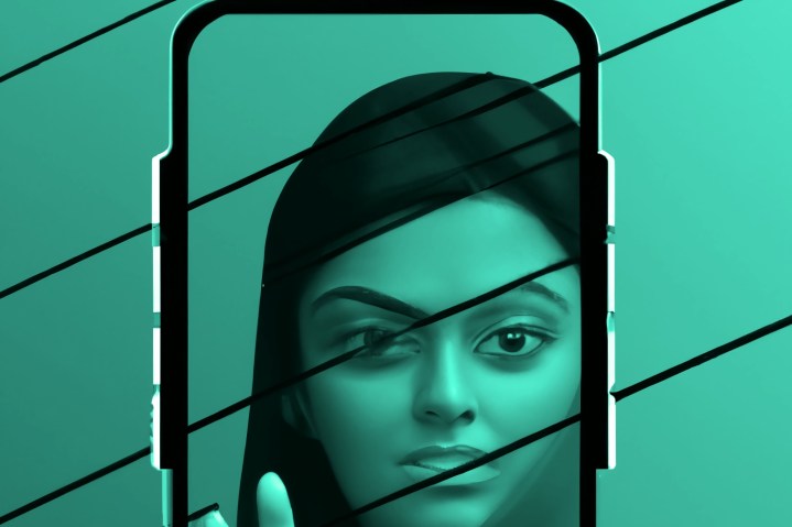 Ilustración de una mujer mirando a través de un teléfono