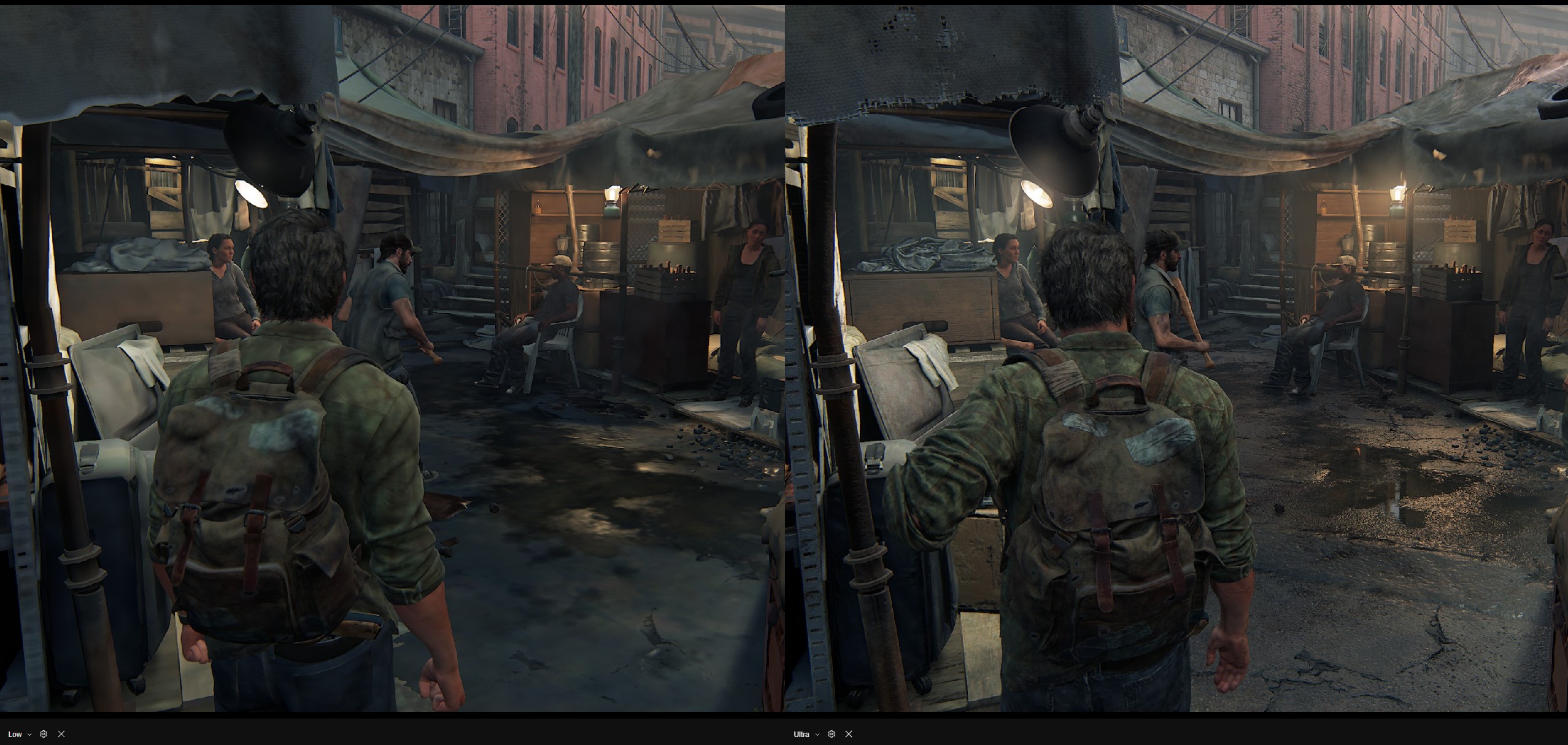Uma comparação entre as predefinições gráficas Low e Ultra em The Last of Us no PC.