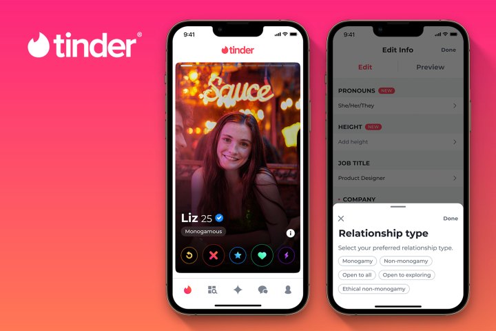 Two iPhone screens displaying the updates to Tinder's profile badges that feature relationship types.