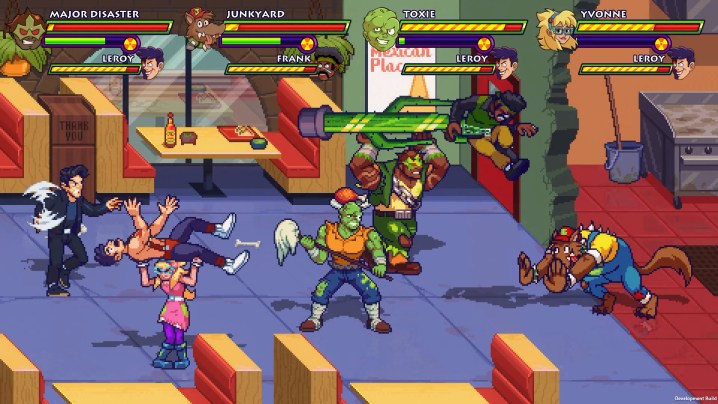 Four mutants are fighting a mix of bad guys in a family mexican restaurant. 