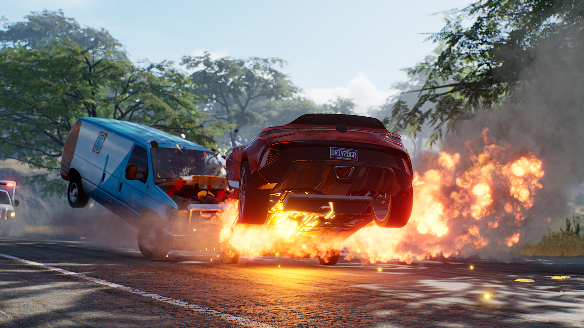 Um carro esportivo vermelho bate na frente de uma van azul, causando uma explosão em Wreckreation. 