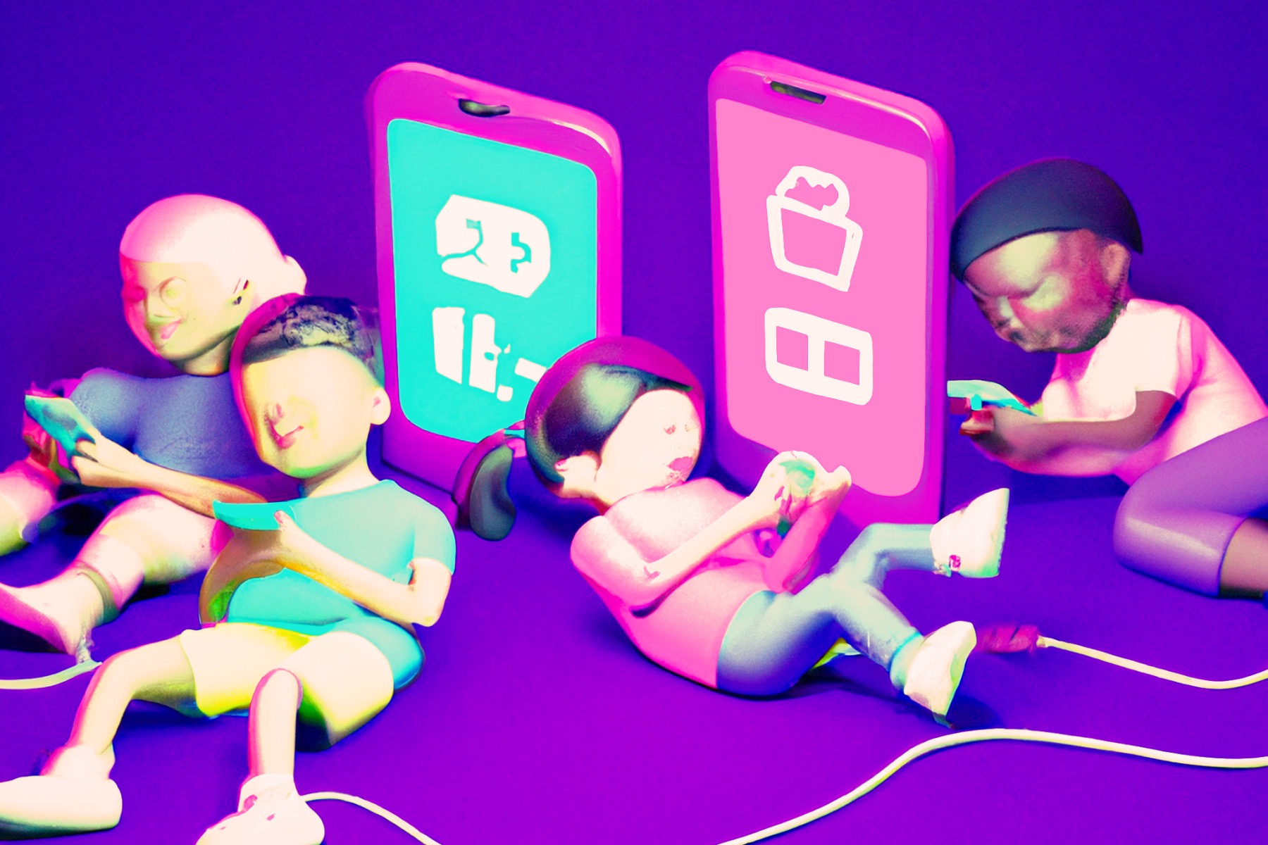 Representação artística de jovens usuários conectados a seus telefones. 