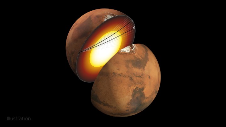 El concepto de este artista muestra un corte de Marte, junto con las trayectorias de las ondas sísmicas de dos terremotos separados en 2021. Detectadas por la misión InSight de la NASA, estas ondas sísmicas fueron las primeras identificadas en entrar en el núcleo de otro planeta.